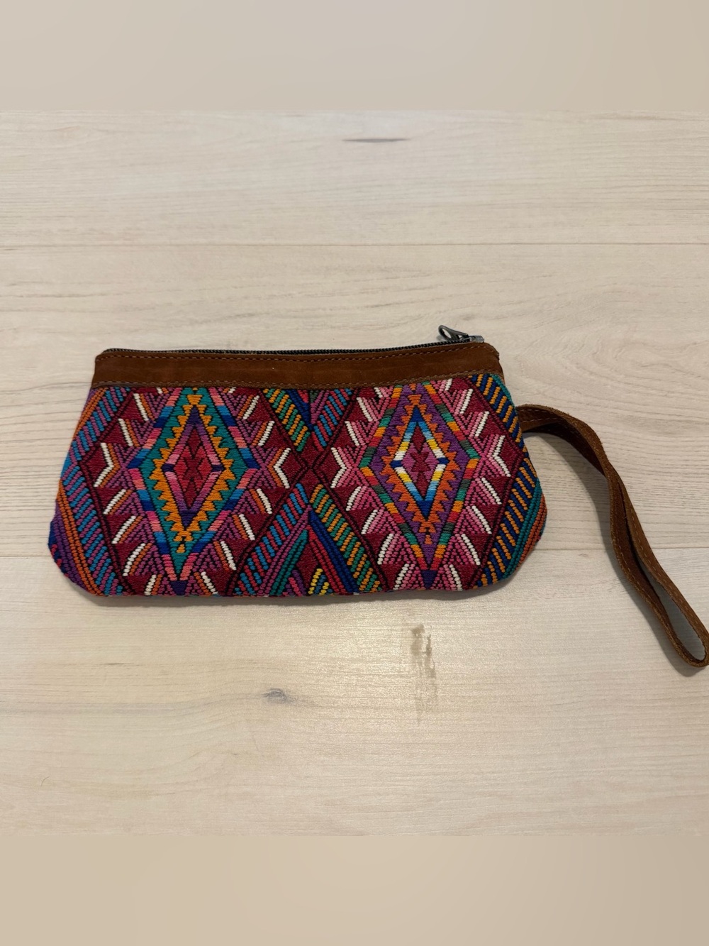 Nena & Co. Multicolor Embroidered Wristlet with Brown Trim